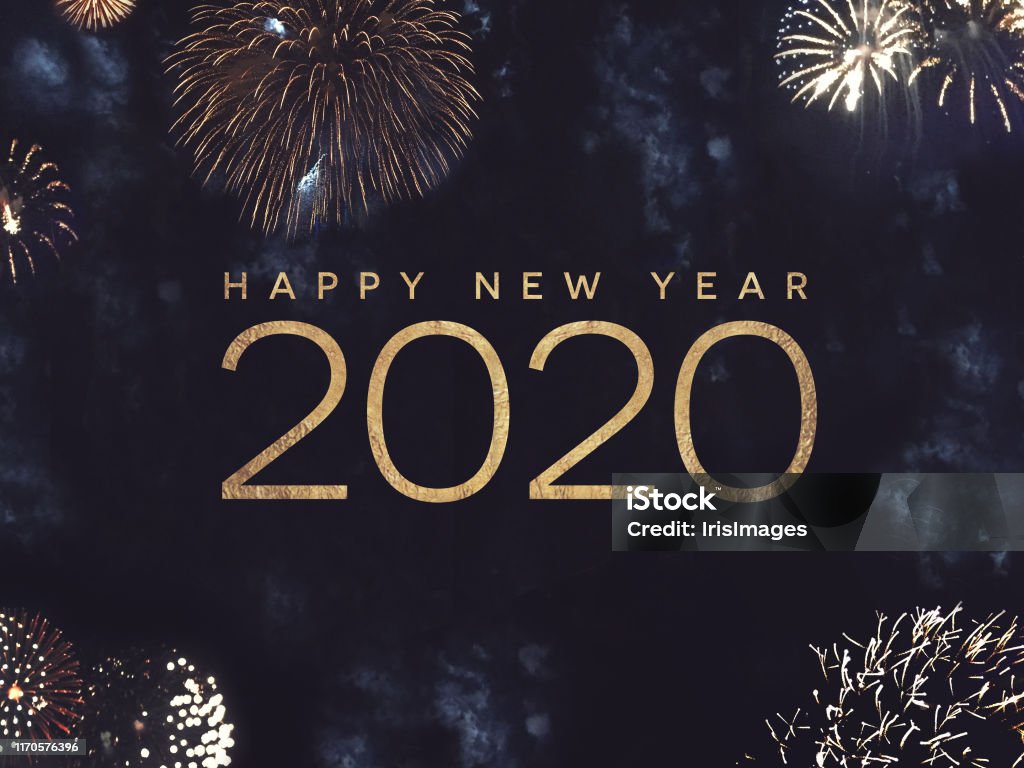Happy New Year 2020 Text With Gold Fireworks In Night Sky Stock ...