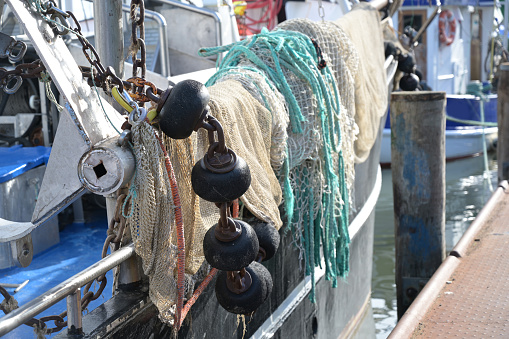 nets, weights and ropes, equipment on a fishing boat, selected focus