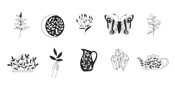 Plantillas de logotipos en el arte de la línea de garabatos y el diseño de silueta con elementos de la naturaleza. - ilustración de arte vectorial