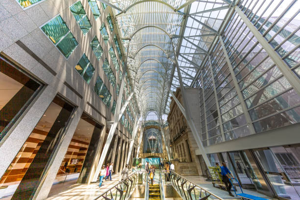 Toronto, Canada-26 July, 2019: Brookfield place, Allen Lambert Galleria passage, an atrium designed by Spanish architect Santiago Calatrava which connects Bay Street with Sam Pollock Square