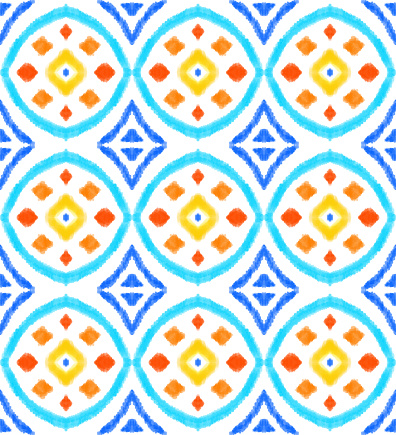 Modern Ikat Pattern with Vibrant Colors. Bohemian Style Pencil Drawing Design Element. Pastel Drawing Vector Tile Pattern. Gypsy, Indian Traditional Design.
