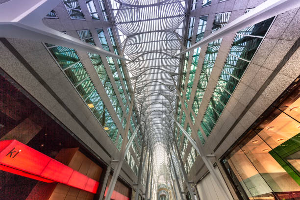 Toronto, Canada-26 July, 2019: Brookfield place, Allen Lambert Galleria passage, an atrium designed by Spanish architect Santiago Calatrava which connects Bay Street with Sam Pollock Square