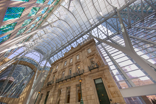 Toronto, Canada-26 July, 2019: Brookfield place, Allen Lambert Galleria passage, an atrium designed by Spanish architect Santiago Calatrava which connects Bay Street with Sam Pollock Square