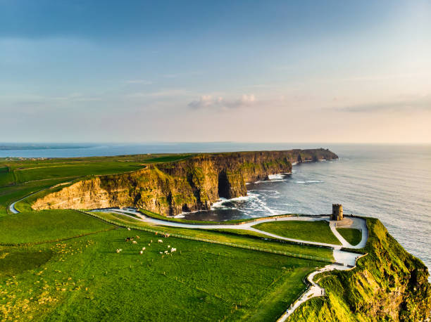 scogliere di moher di fama mondiale, una delle destinazioni turistiche più popolari in irlanda. vista aerea di una nota attrazione turistica sulla wild atlantic way nella contea di clare. - cliffs of moher cliff republic of ireland sea foto e immagini stock