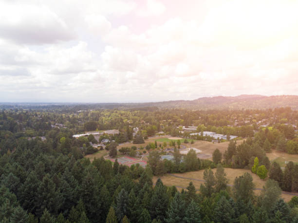 istock american suburbs and mountains with forests at sunset. View from above 1170588258