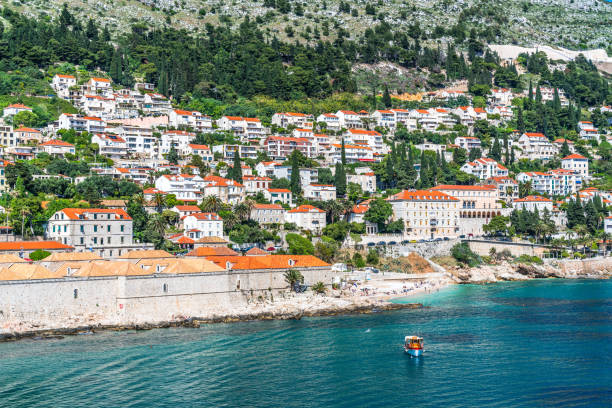 Sunny day aerial view of Old Town Dubrovnik, Croatia Croatia, Dubrovnik, Dubrovnik Old City Placa, Europe, Minceta Tower fort minceta dubrovnik stock pictures, royalty-free photos & images