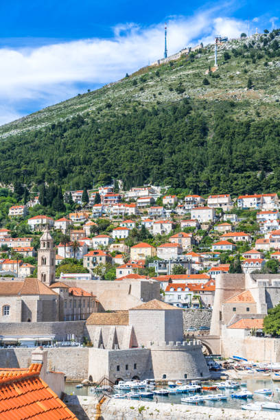 Sunny day aerial view of Old Town Dubrovnik, Croatia Croatia, Dubrovnik, Dubrovnik Old City Placa, Europe, Minceta Tower fort minceta dubrovnik stock pictures, royalty-free photos & images