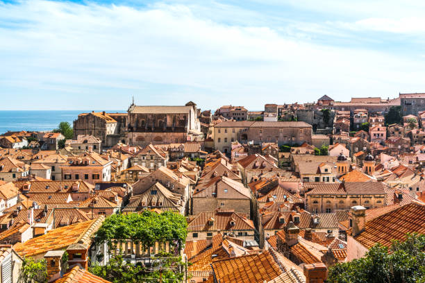 Sunny day aerial view of Old Town Dubrovnik, Croatia Croatia, Dubrovnik, Dubrovnik Old City Placa, Europe, Minceta Tower fort minceta dubrovnik stock pictures, royalty-free photos & images