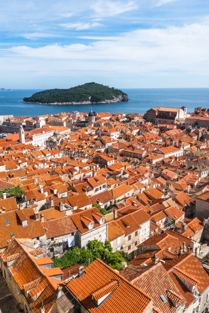 Sunny day aerial view of Old Town Dubrovnik, Croatia Croatia, Dubrovnik, Dubrovnik Old City Placa, Europe, Minceta Tower fort minceta dubrovnik stock pictures, royalty-free photos & images