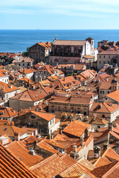 Sunny day aerial view of Old Town Dubrovnik, Croatia Croatia, Dubrovnik, Dubrovnik Old City Placa, Europe, Minceta Tower fort minceta dubrovnik stock pictures, royalty-free photos & images