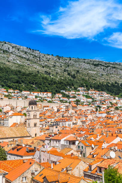 Sunny day aerial view of Old Town Dubrovnik, Croatia Croatia, Dubrovnik, Dubrovnik Old City Placa, Europe, Minceta Tower fort minceta dubrovnik stock pictures, royalty-free photos & images