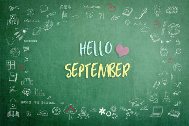 istock Hello September greeting on green school teacher's chalkboard with creative student's doodle of learning education graphic freehand illustration icon for back to school month concept 1170597332