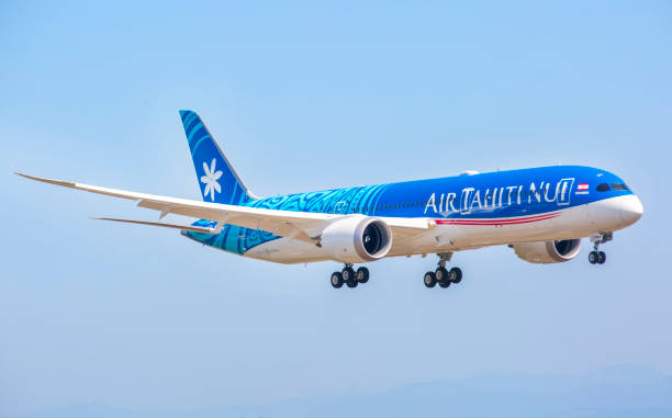 Air Tahiti Nui This image is of a AIr Tahiti Nui Boeing 787-9 coming back from a test flight with Boeing. Air Tahiti Nui is a French airline with its head office in Papeete, Tahiti, French Polynesia. It operates long-haul flights from its home base at Faa'a International Airport. airfoil photos stock pictures, royalty-free photos & images