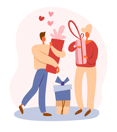 Ilustración de Hombres Planos De Dibujos Animados Como Una Pareja Gay Compartiendo Cajas De Regalo Y Haciendo Sorpresas Preparando Regalos Para Las Vacaciones De Navidad De Invierno Ilustración Vectorial Aislada Para Conceptos Ilustración de Hombres Planos De Dibujos Animados Como Una Pareja Gay Compartiendo Cajas De Regalo Y Haciendo Sorpresas Preparando Regalos Para Las Vacaciones De Navidad De Invierno Ilustración Vectorial Aislada Para Conceptos