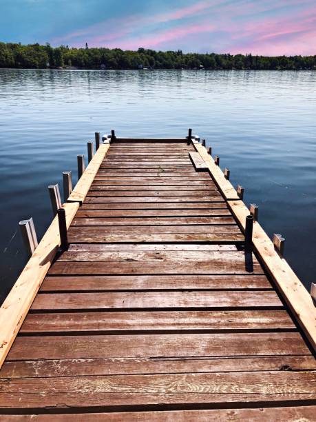 A Dock Leading Out to a Calm lake and Sunset