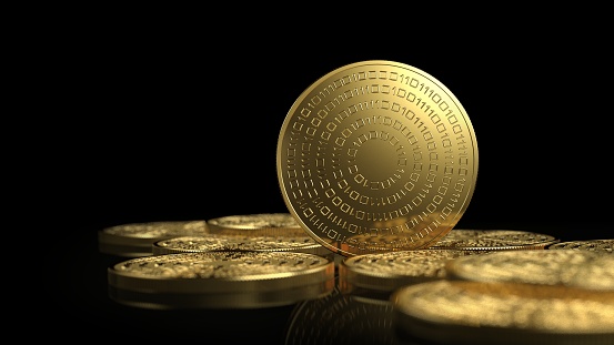 Monedas de oro aisladas sobre fondo blanco. Concepto de criptomoneda. photo