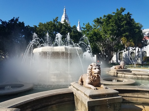 water fountain with lion statues in the plaza in Ponce, Puerto Rico