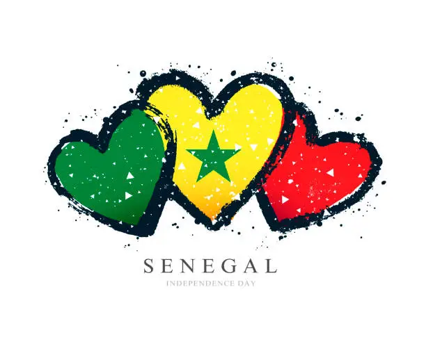 Vector illustration of Senegalese flag in the form of three hearts. Vector illustration