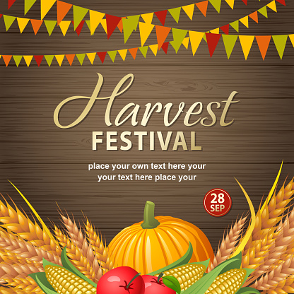 An invitation to the Autumn Harvest Festival with bunting, wheat, pumpkin, apples and corns on the wooden table background