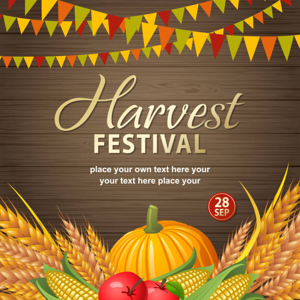 Autumn Harvest Festival Invitations An invitation to the Autumn Harvest Festival with bunting, wheat, pumpkin, apples and corns on the wooden table background harvest festival stock illustrations