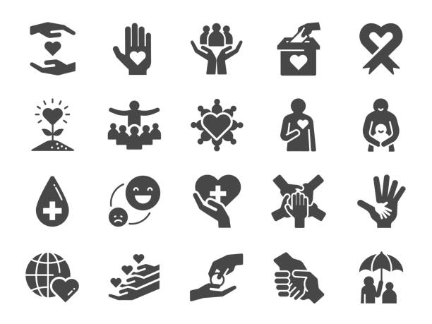 ilustraciones, imágenes clip art, dibujos animados e iconos de stock de conjunto de iconos de caridad. incluye iconos como tipo, cuidado, ayuda, compartir, bueno, soporte y más. - gear teamwork human hand equipment