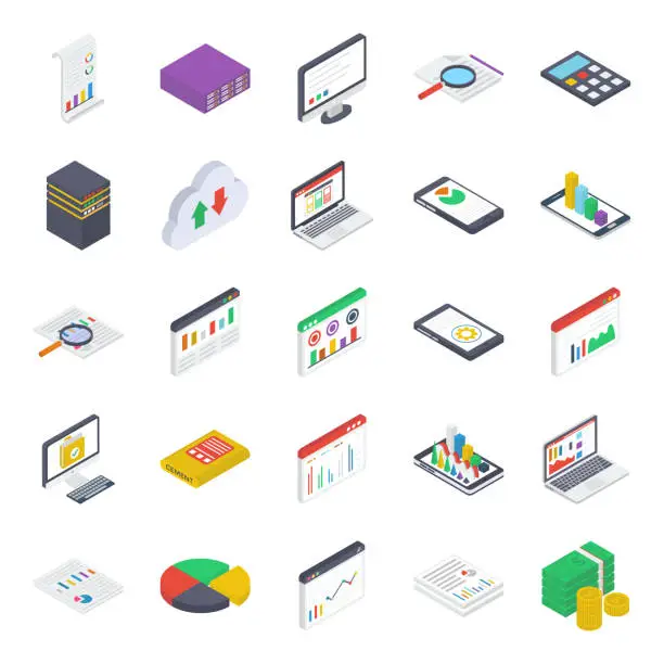Vector illustration of Mobile Analytics Isometric Icons Pack