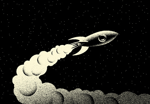 Space landscape with scenic view on rocket taking off with fire and smoke and stars made with retro styled dotwork
