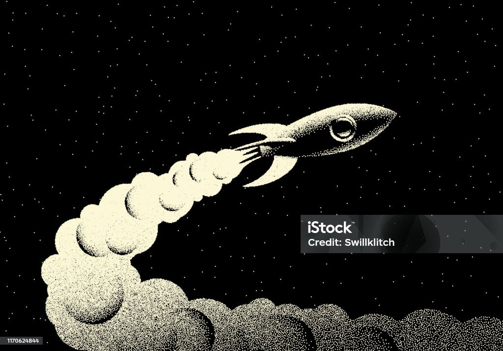 Space landscape with scenic view on rocket rocket taking off with fire and smoke and stars made with retro styled dotwork Space landscape with scenic view on rocket taking off with fire and smoke and stars made with retro styled dotwork Rocketship stock vector