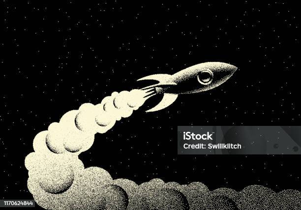 Space Landscape With Scenic View On Rocket Rocket Taking Off With Fire And Smoke And Stars Made With Retro Styled Dotwork Stock Illustration - Download Image Now