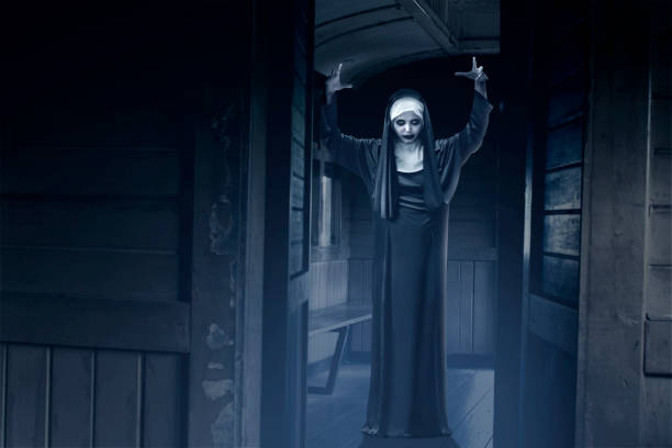 istock Frightening devil nun on the old wagon 1170625447