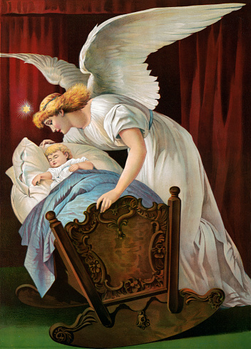 Vintage illustration features an angel watching over a baby sleeping in a cradle.