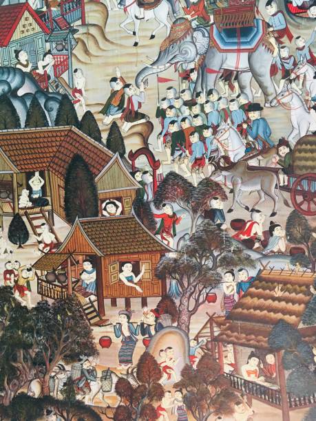 istock Local lifestyle ancient Thai people mural wall painting 1170627026