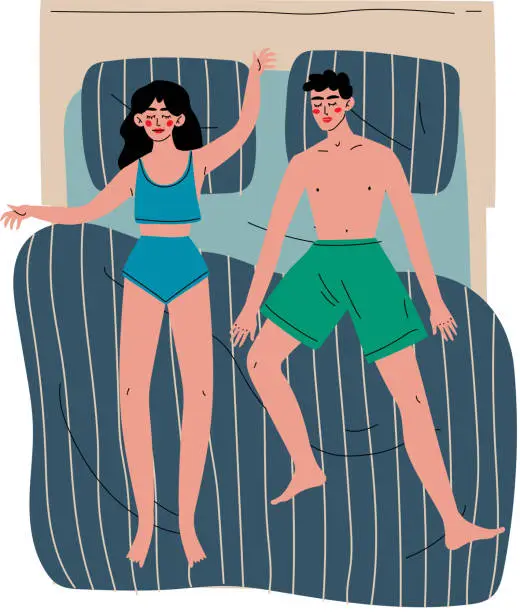 Vector illustration of Couple Sleeping Together in Double Bed in Underwear, View From Above Vector Illustration