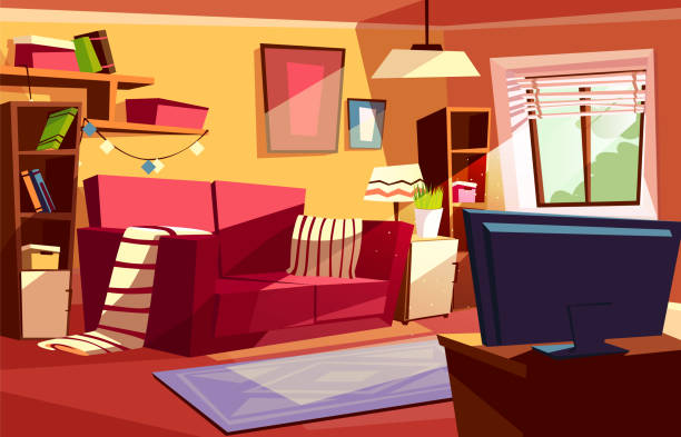 illustrazioni stock, clip art, cartoni animati e icone di tendenza di soggiorno interno vettore cartone animato illustrazione - wallpaper retro revival living room decor