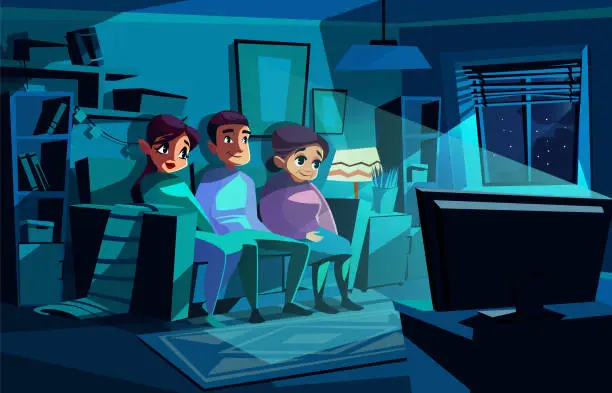 Vector illustration of Family watching night TV vector illustration