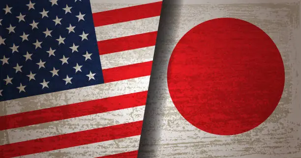 Vector illustration of USA and Japanese flag with grunge texture background.