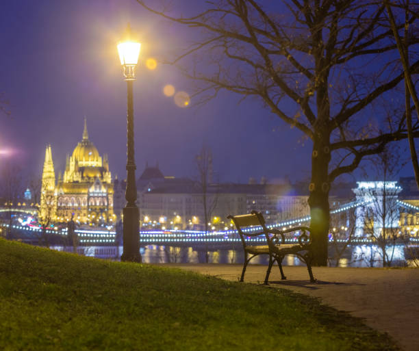 istock Budapest, Hungary - Bench and lamp post in a park at Buda district with Szechenyi Chain Bridge and Parliament at background at winter time 1170630998