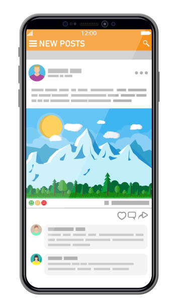 Social network interface template on smartphone Social network interface template on smartphone screen. News post frames pages on mobile device. Users comment on photo. Social resources application mock up. Vector illustration in flat style mail stock illustrations