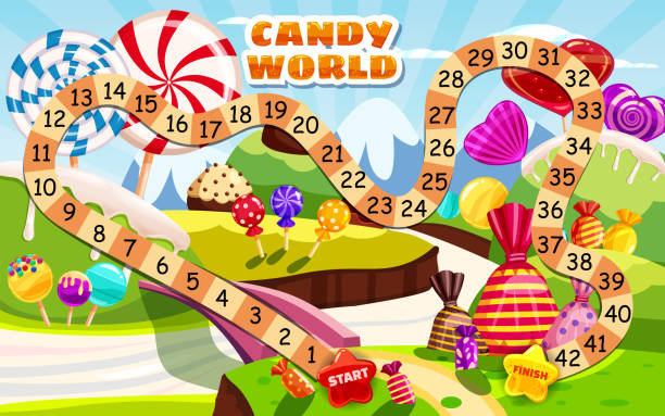 illustrazioni stock, clip art, cartoni animati e icone di tendenza di candy board game per bambini e bambini - viaggia attraverso i dolci caramelle candy world lecca-lecca. illustrazione vettoriale stile cartone animato isolato - ground