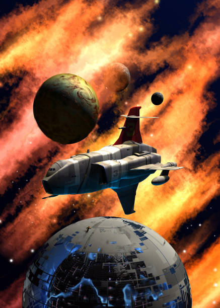 istock Spaceship flying around a space station wreck, 3d illustration 1170632286