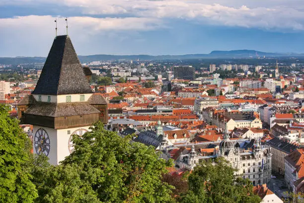 Aerial view to the city of Graz with Clock tower, the symbol og the city, and the Town hall below