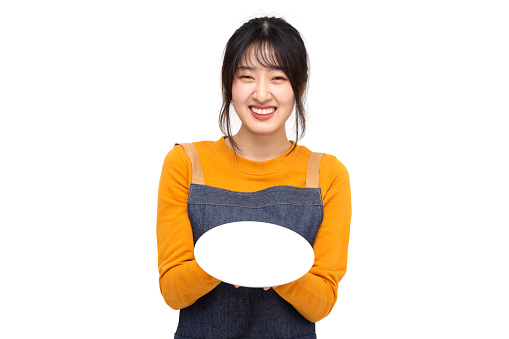 Young Asian woman cook or baker holding empty white plate or dish isolated on white background, Chef bakery female concept