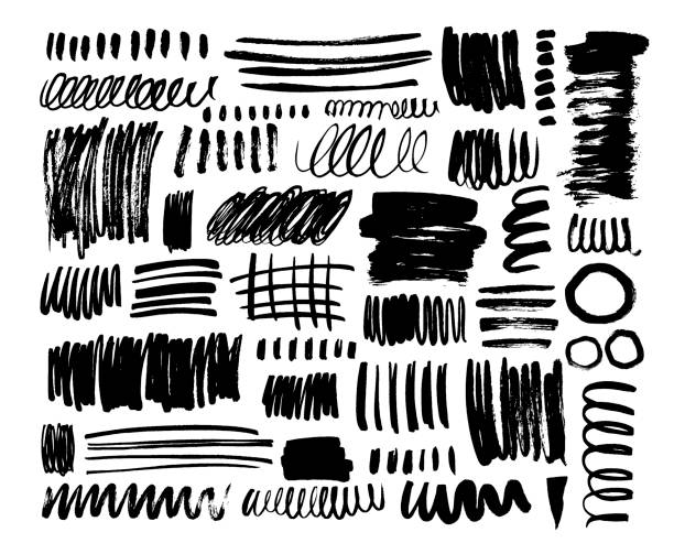 ilustrações de stock, clip art, desenhos animados e ícones de black dry brush strokes hand drawn set. grunge smears collection with curled lines and stripes. - 4722