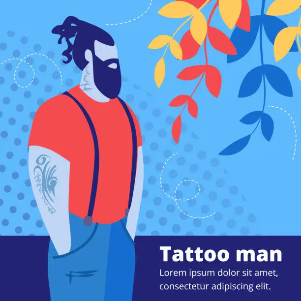 Vector illustration of Tattooed Handsome Bearded Hipster Man Character