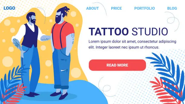 Vector illustration of Tattoo Studio Horizontal Banner. Bearded Hipster