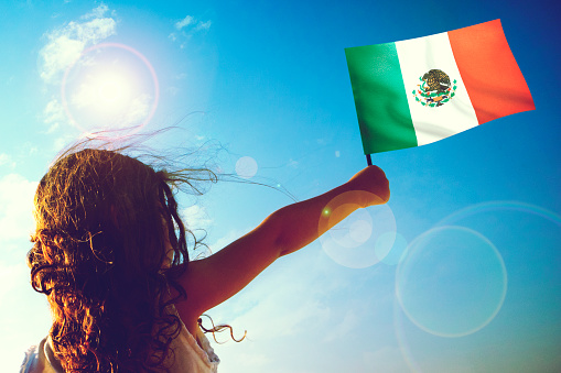 Little girl waving Mexican flag on sunny beautiful day