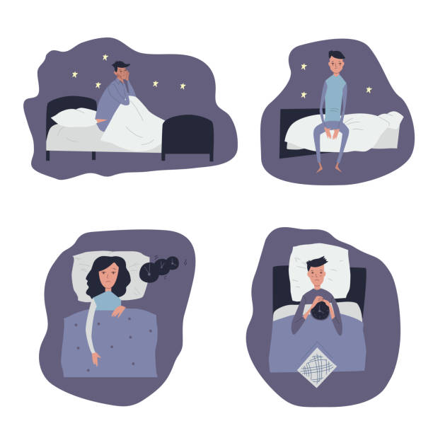 Vector illustration isolated on white background men, women with insomnia or dreaming. Vector illustration isolated on white background men, women with insomnia or dreaming. A sad man sits on the bed and looks at the stars, the woman lies in bed, the exhausted man lies in bed insomnia illustrations stock illustrations