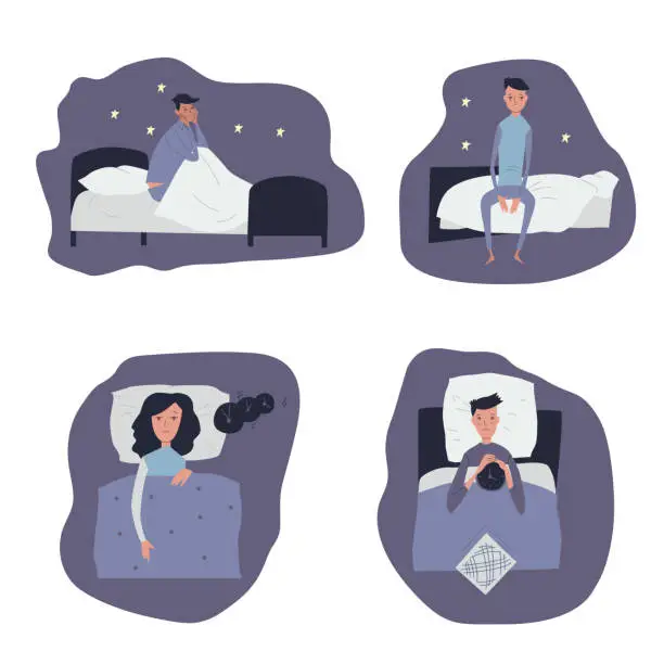 Vector illustration of Vector illustration isolated on white background men, women with insomnia or dreaming.