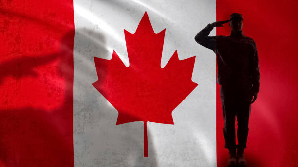kanadyjska sylwetka żołnierza pozdrawiająca flagę narodową, reforma sierżanta armii - siły pokojowe zdjęcia i obrazy z banku zdjęć