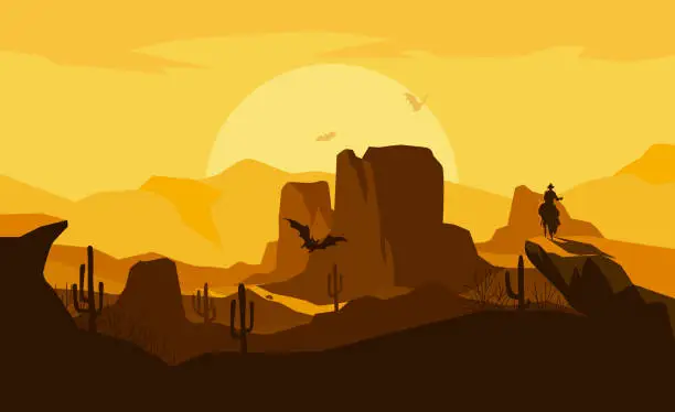 Vector illustration of The scene of the wild west in the sunset with cowboy riding a horse.